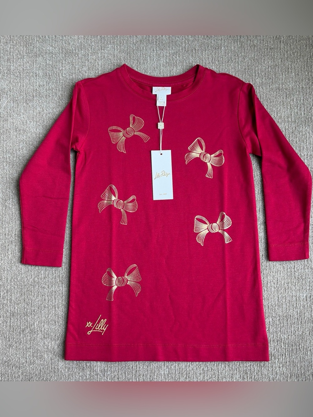Lilly Pulitzer Mini Ballad Sweatshirt Dress Malbec Red Bow Kids Sz S 4-5 NEW